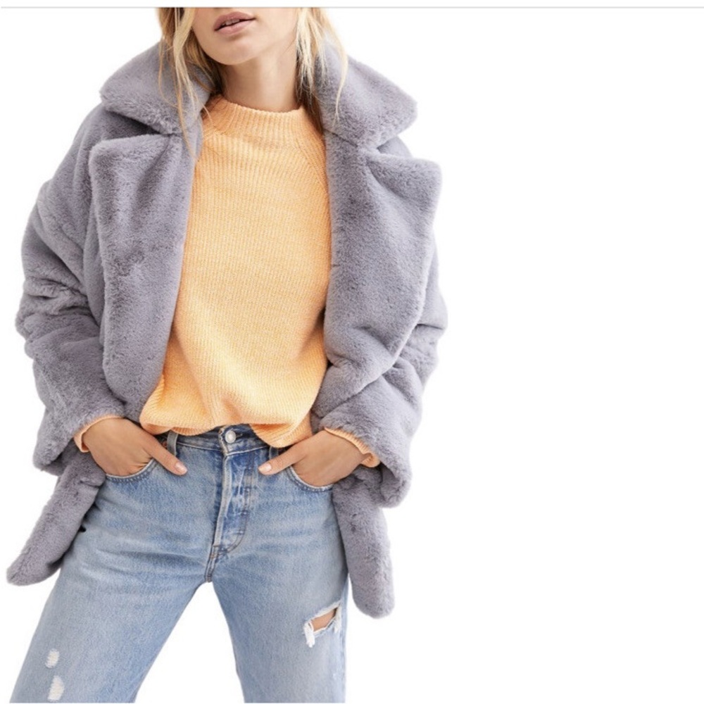 Free People Women's Kate Faux Fur Coat - Colour- Cloudy Day Size - M